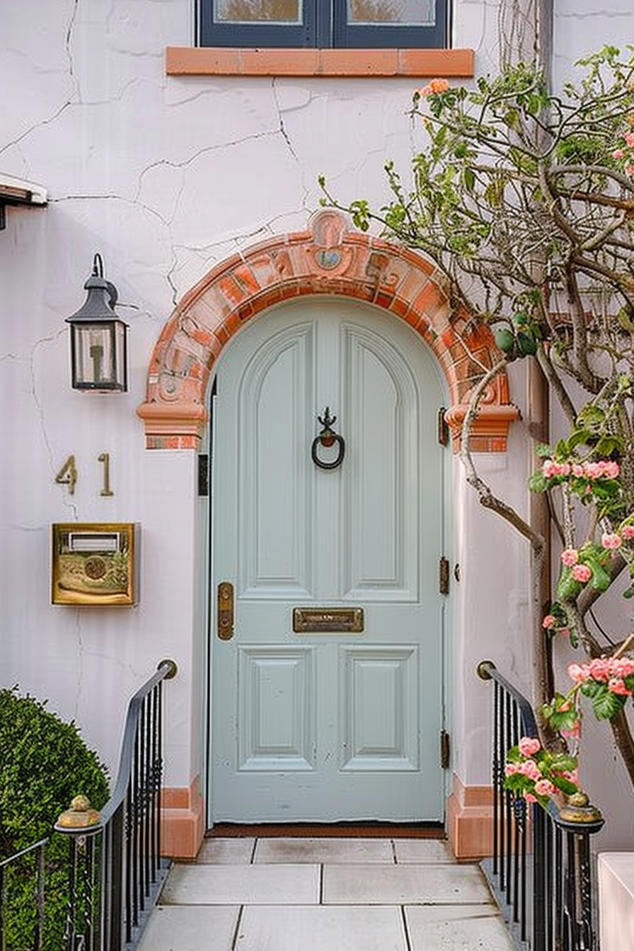 Charming entryway with a pale blue door adorned with a black knocker, framed by an arched terracotta doorway and blooming flowers.