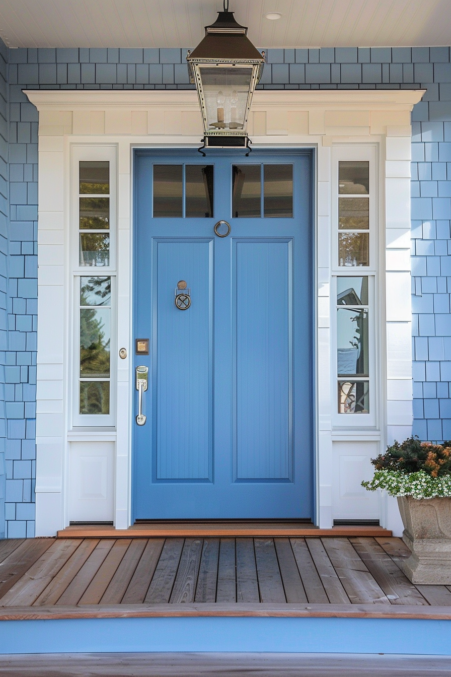Blue front door of a house with a hanging lantern above and white trim, set in a light blue shingled wall with a side window.