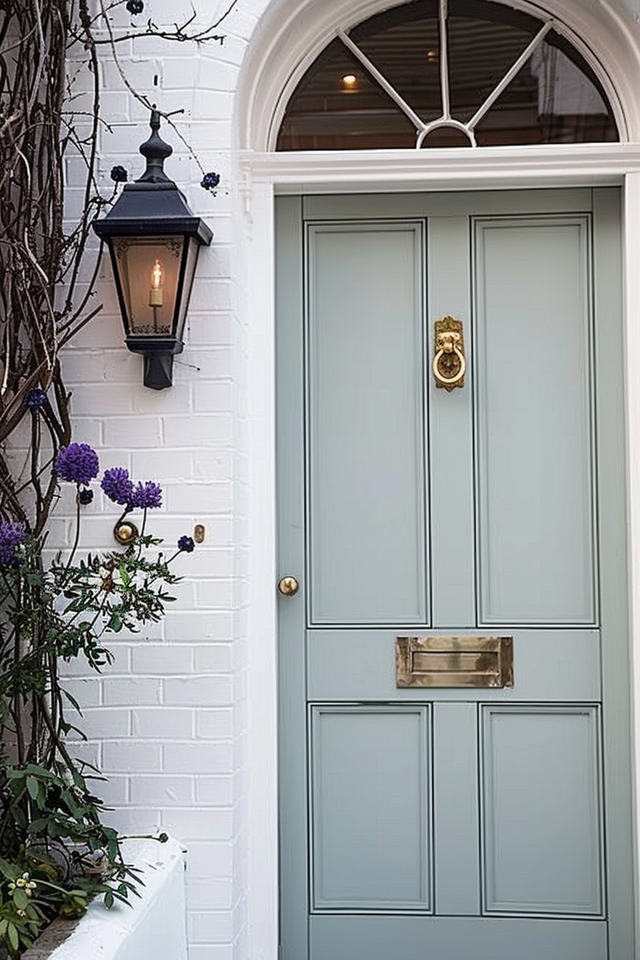 ALT: Elegant light blue door with brass fixtures, a lion's head knocker, and a mail slot, framed by white brick and a vintage lantern.