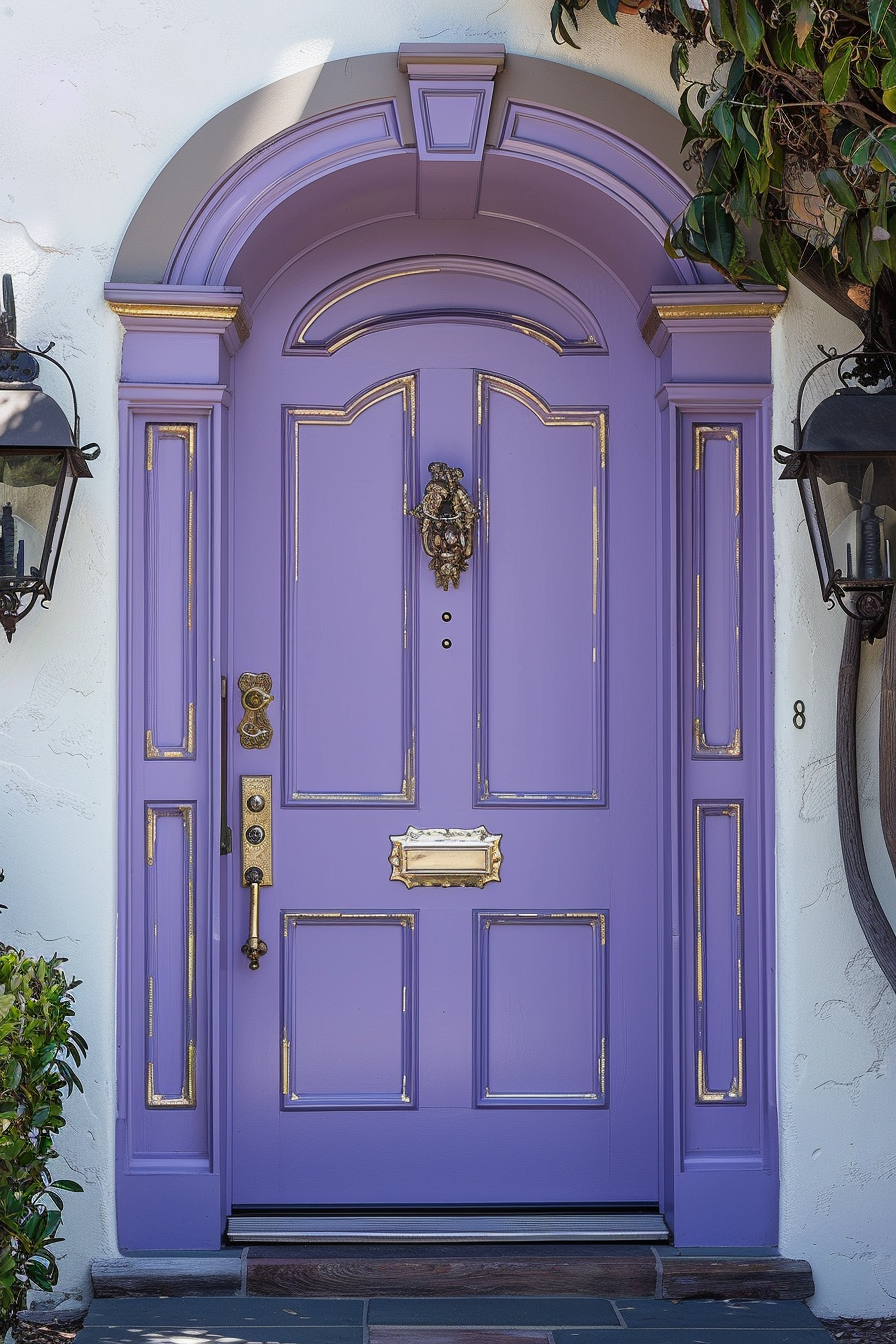 Elegant purple front door with gold trim, ornate knocker and doorknob, set in a white wall, adorned by green plants and a wall lamp.