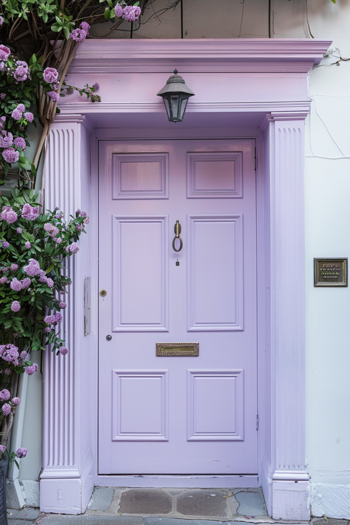 A charming lilac-painted door framed by white columns, with a hanging lantern above and purple flowers to the side.