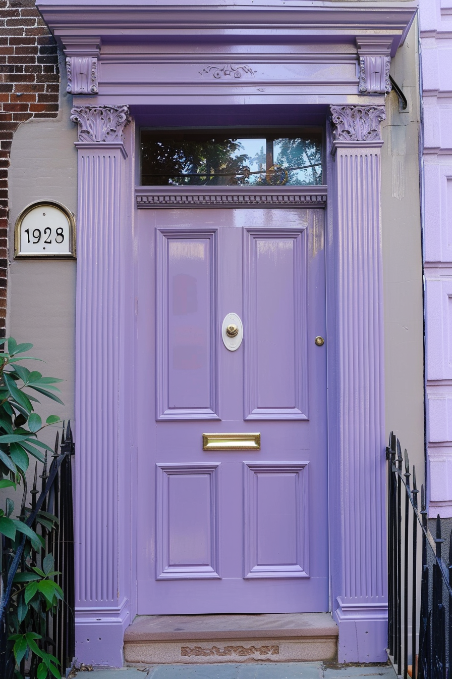 ALT text: A lavender-colored door with matching classical trim, framed by a red brick wall, displaying the address 1928, with a brass letter slot.
