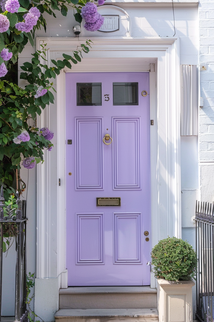 A lilac-colored front door of a house, adorned with a brass knocker and letterbox, flanked by green plants and purple flowers.