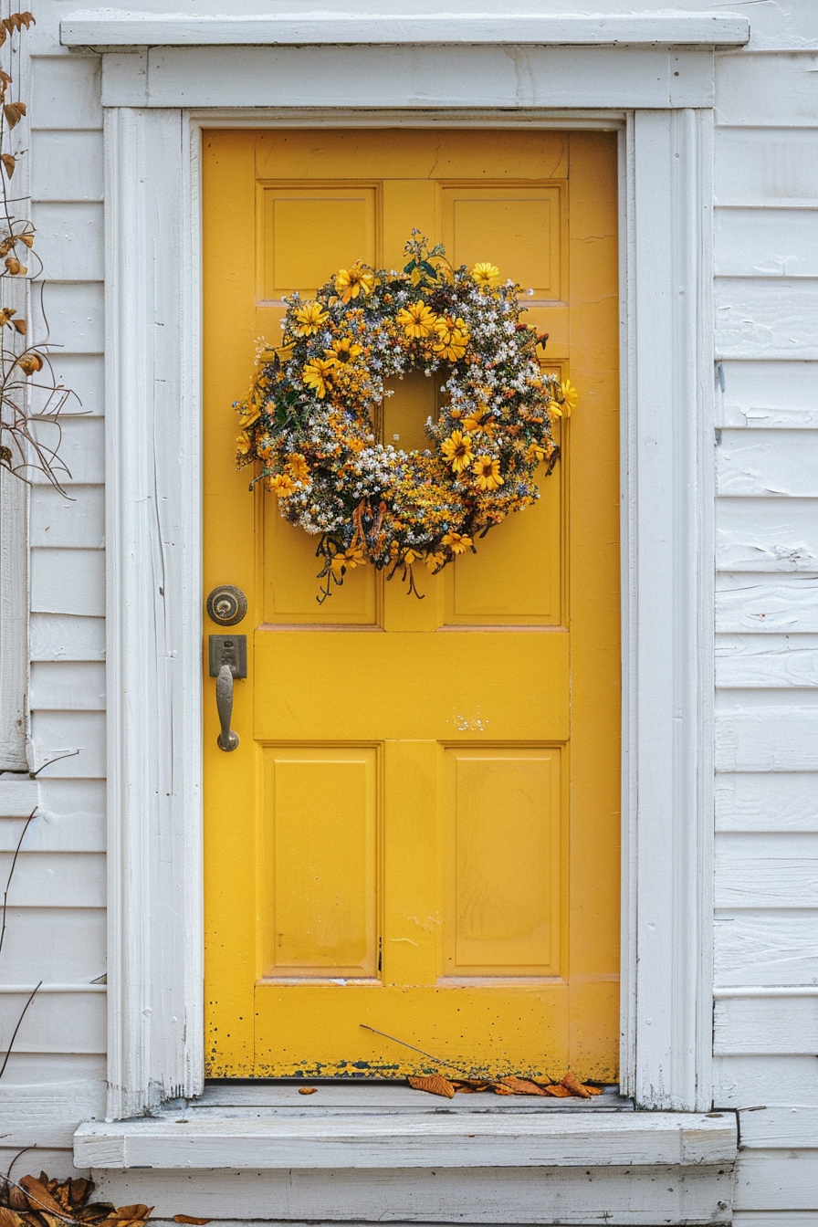 A bright yellow door with a floral wreath, framed by white weathered trim on a house, hinting at autumn vibes.