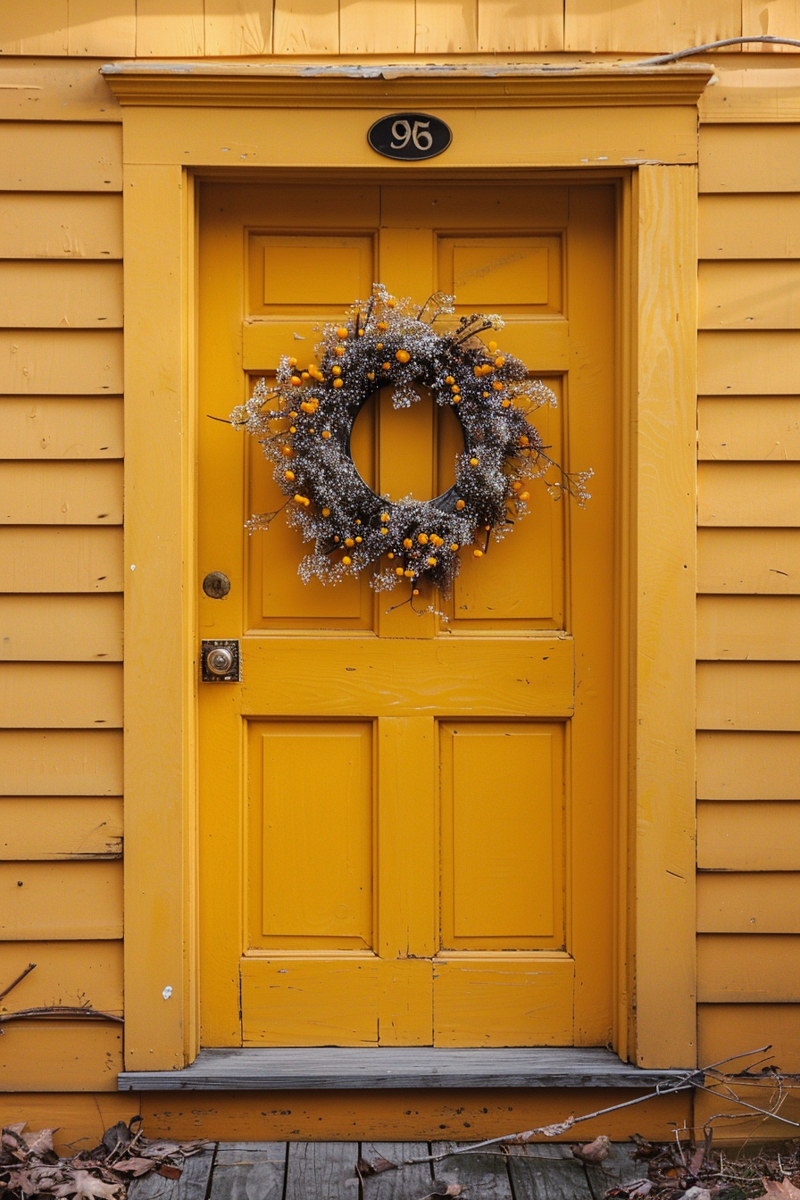 A vibrant yellow wooden door with a decorative wreath hanging on it, set in a yellow siding wall with the house number 96 above.