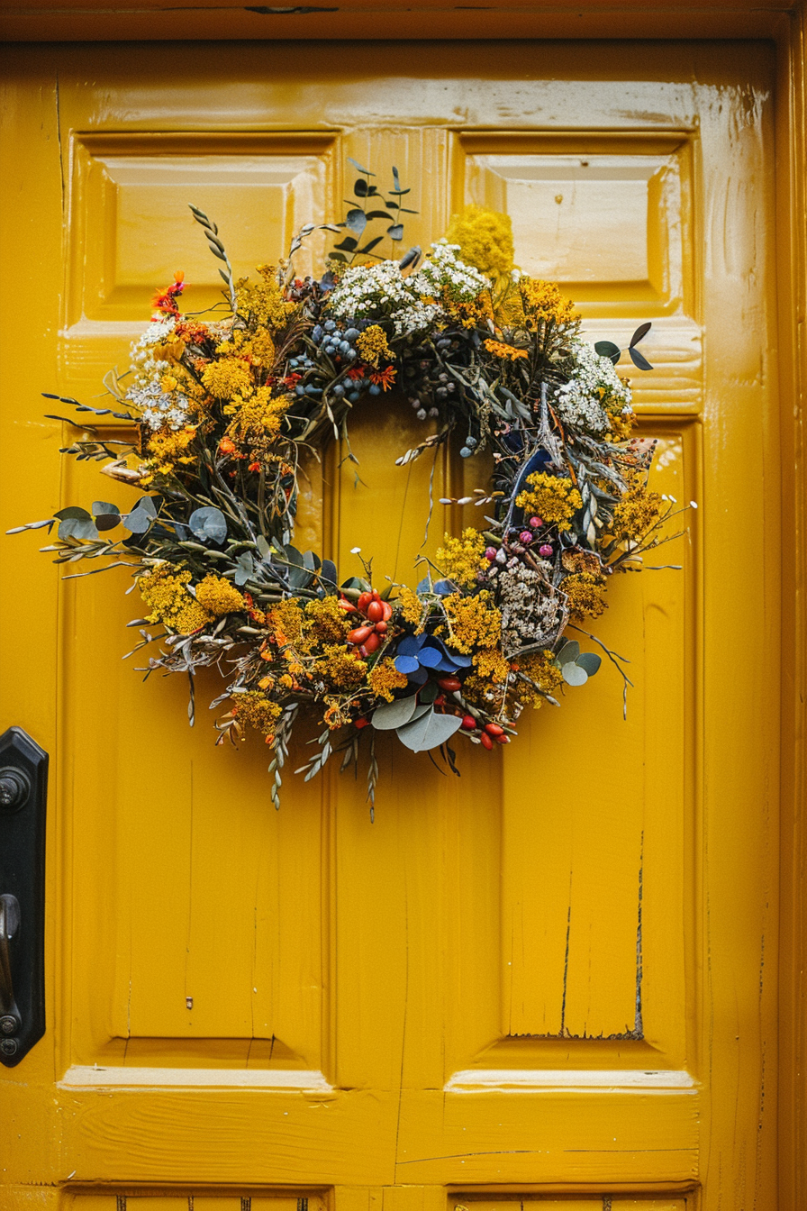 A colorful autumn wreath with yellow, red, and blue accents hanging on a bright yellow textured door.