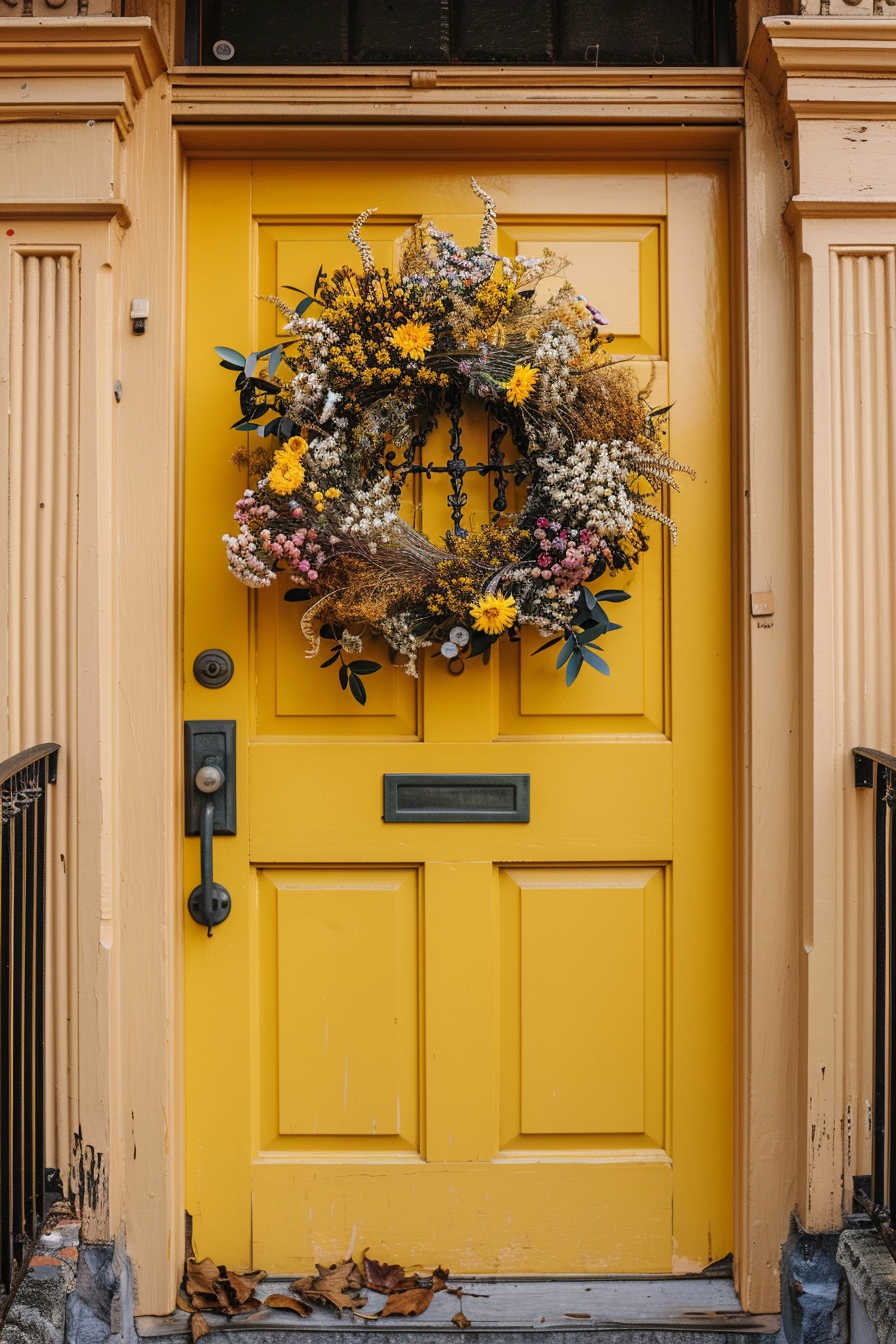 A bright yellow door adorned with a seasonal wreath of yellow and white flowers, contrasting with the beige exterior wall.