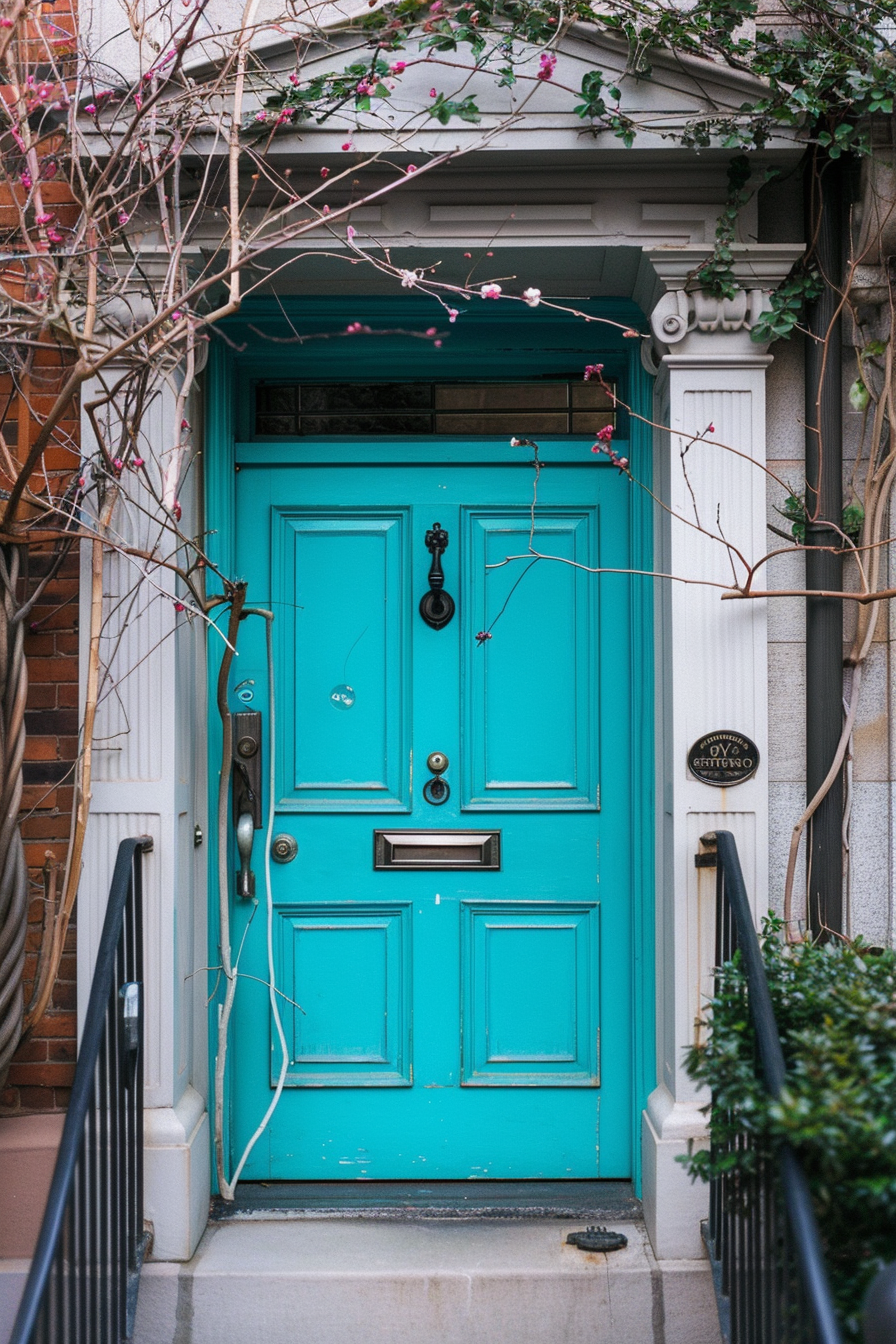 Alt text: A vibrant turquoise door on a residential building with a blooming flower branch arching above, complemented by classic architecture details.
