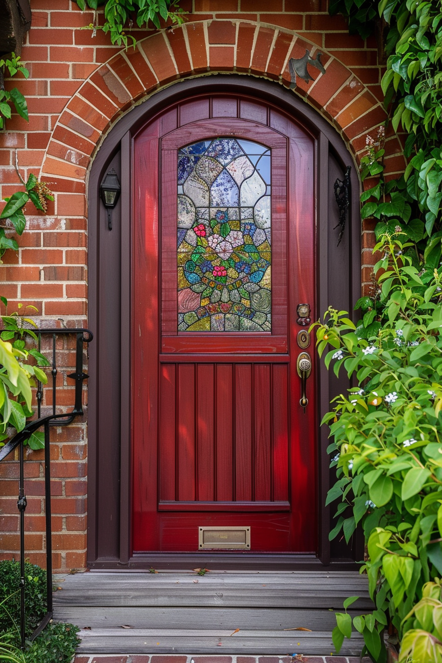 A red wooden door with a colorful stained glass window, flanked by brick walls and green foliage.