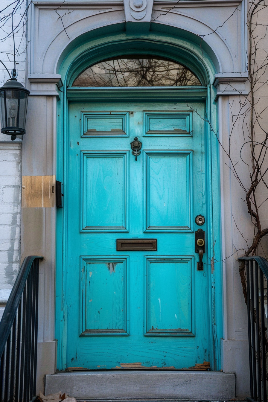 A weathered turquoise door with a rounded arch, a letter slot, and a lantern to the side, set in a white-trimmed entryway.
