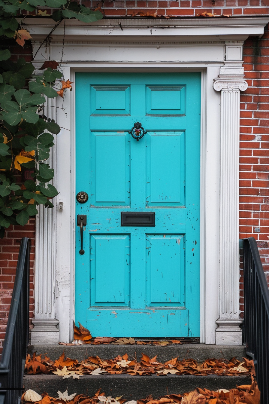 A weathered turquoise door with white trim on a brick building, flanked by vines and scattered with fallen autumn leaves.