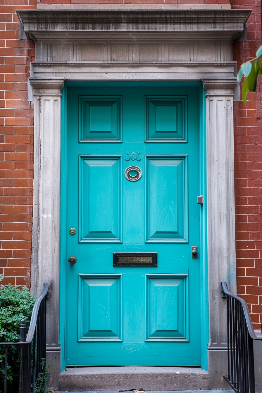 A vibrant turquoise door set in a red brick facade with white trim and a small black railing on the entrance steps.