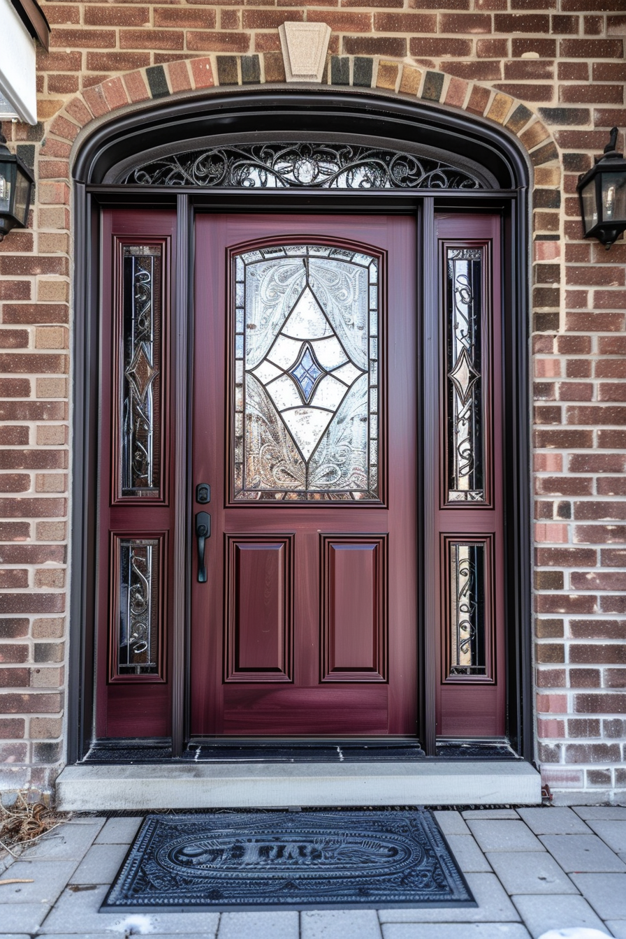 Elegant maroon front door with decorative glass panels and wrought iron elements, framed by brick walls and arch.