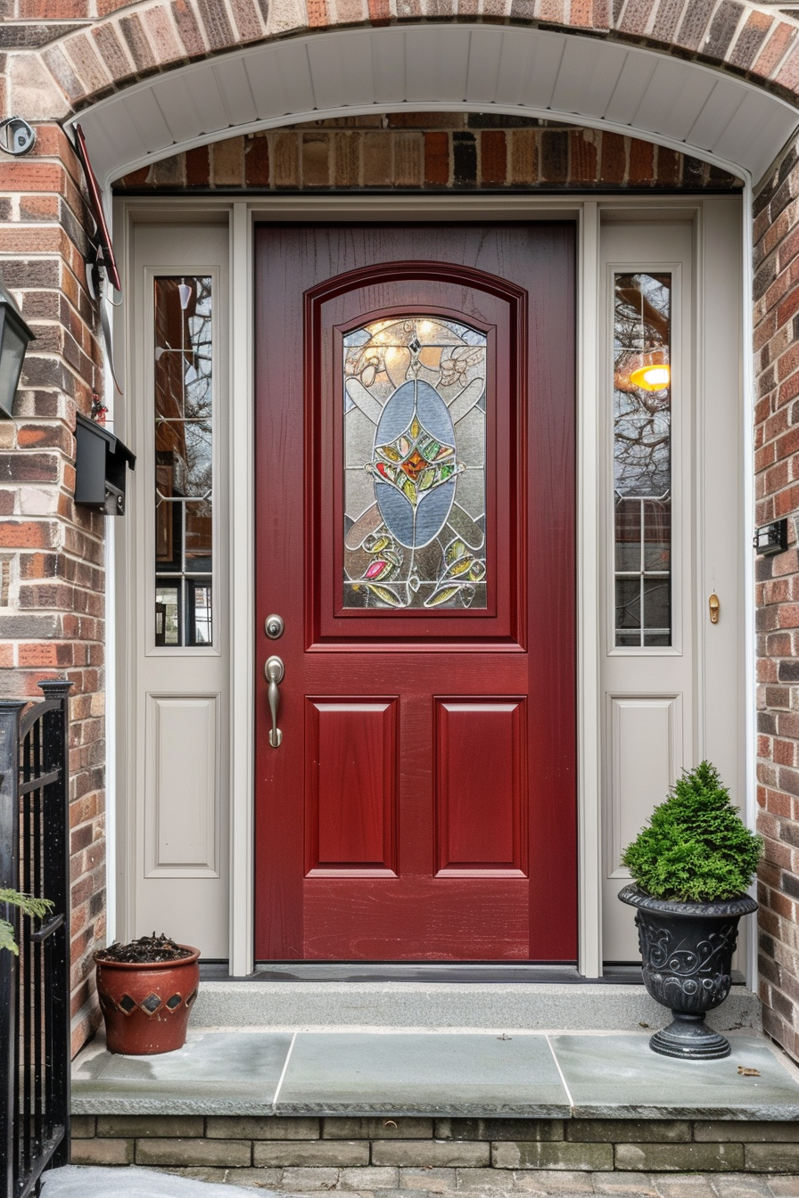 A red front door with a stained glass window inset, flanked by sidelights and potted plants, set in a brick wall under an arched doorway.