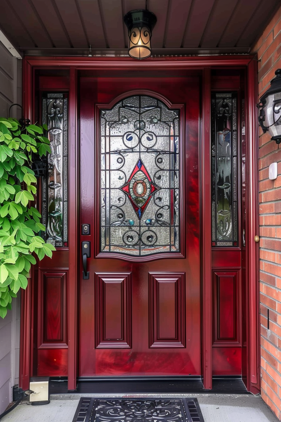 Elegant red wooden front door with intricate stained glass window, flanked by matching side panels and a green plant to the left.
