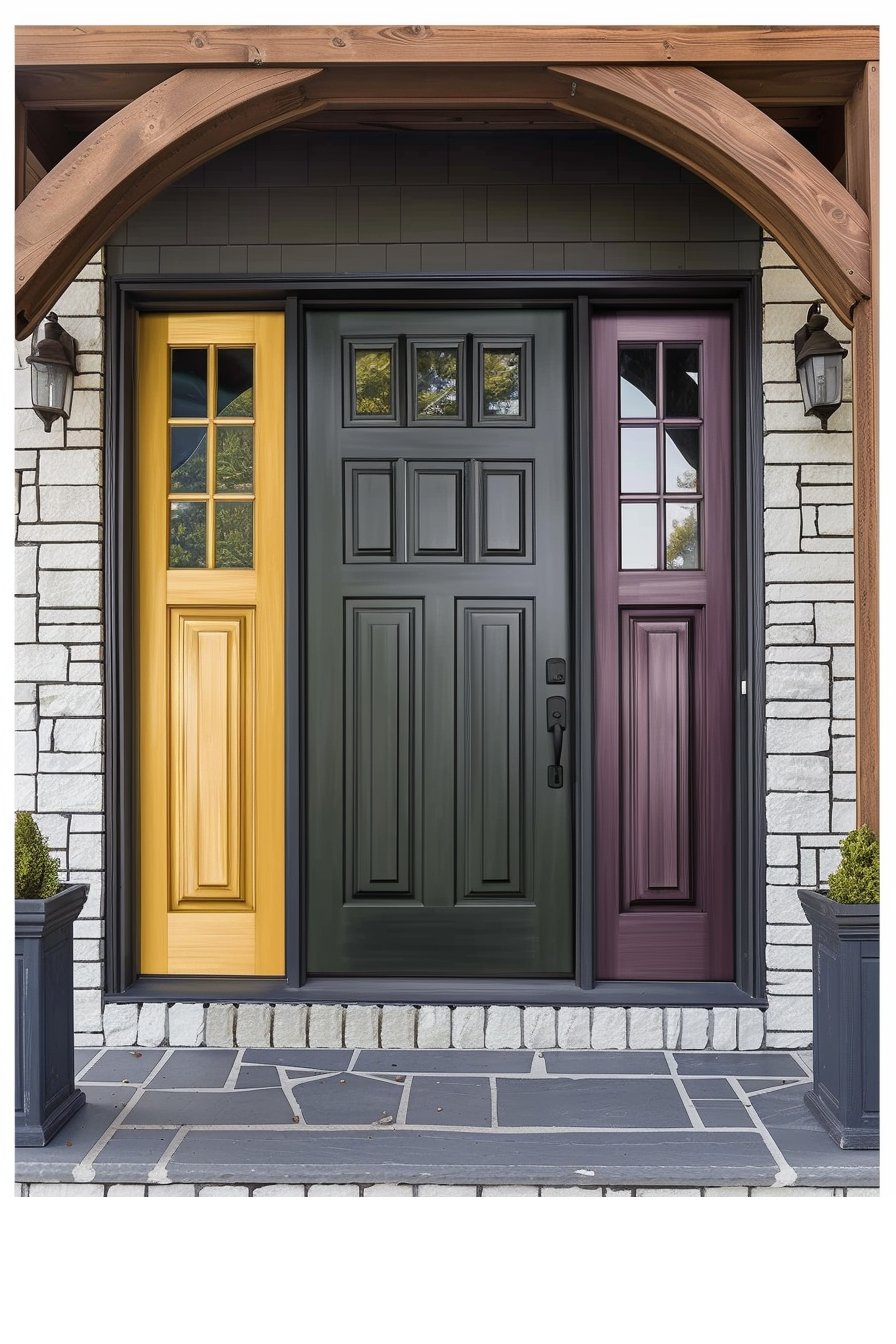 ALT: A home entryway with a dark green central door flanked by yellow and purple side doors, framed by stone walls and wooden beams.