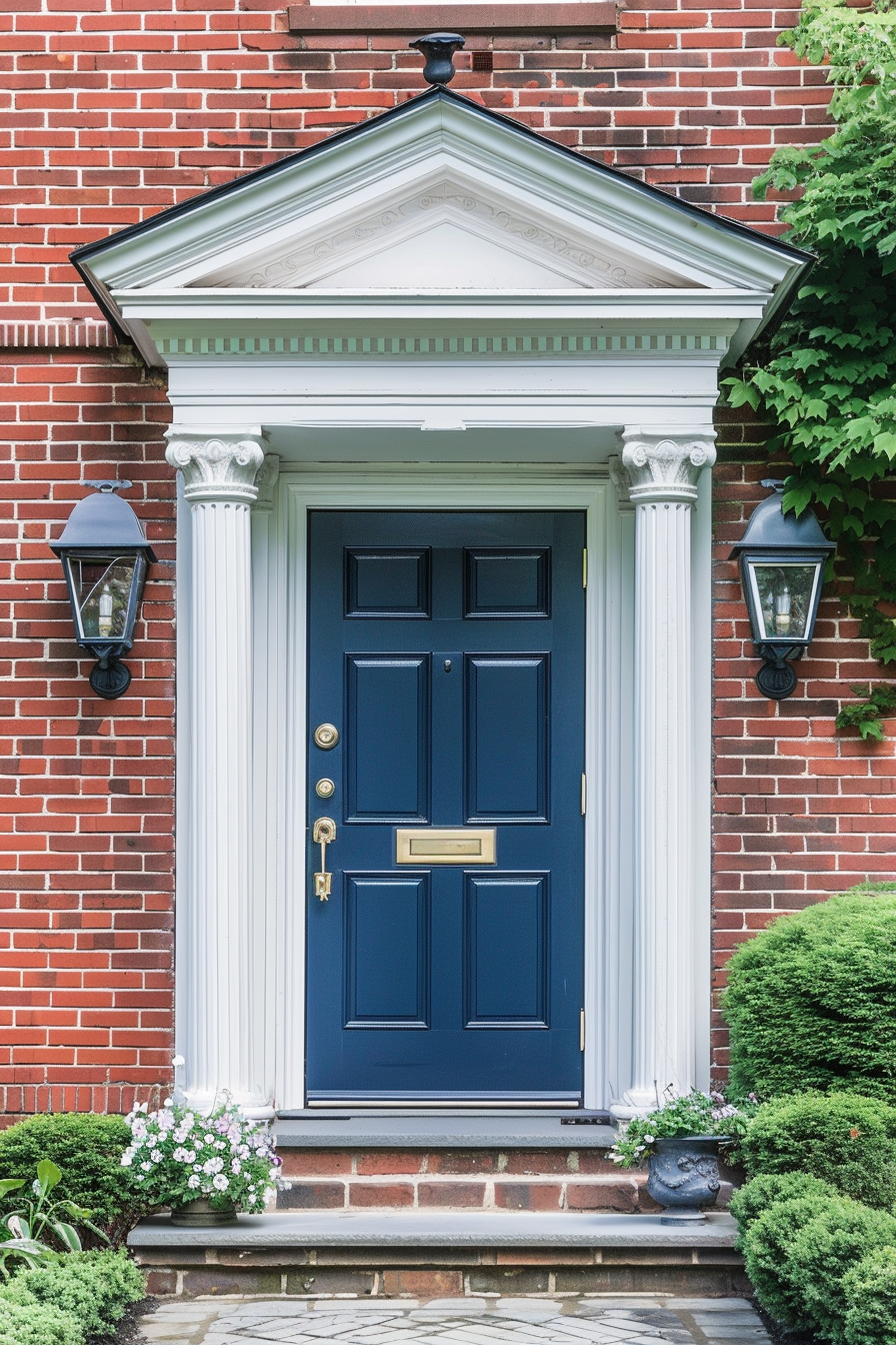 Elegant blue front door of a brick house with white trim, flanked by lanterns and green plants.