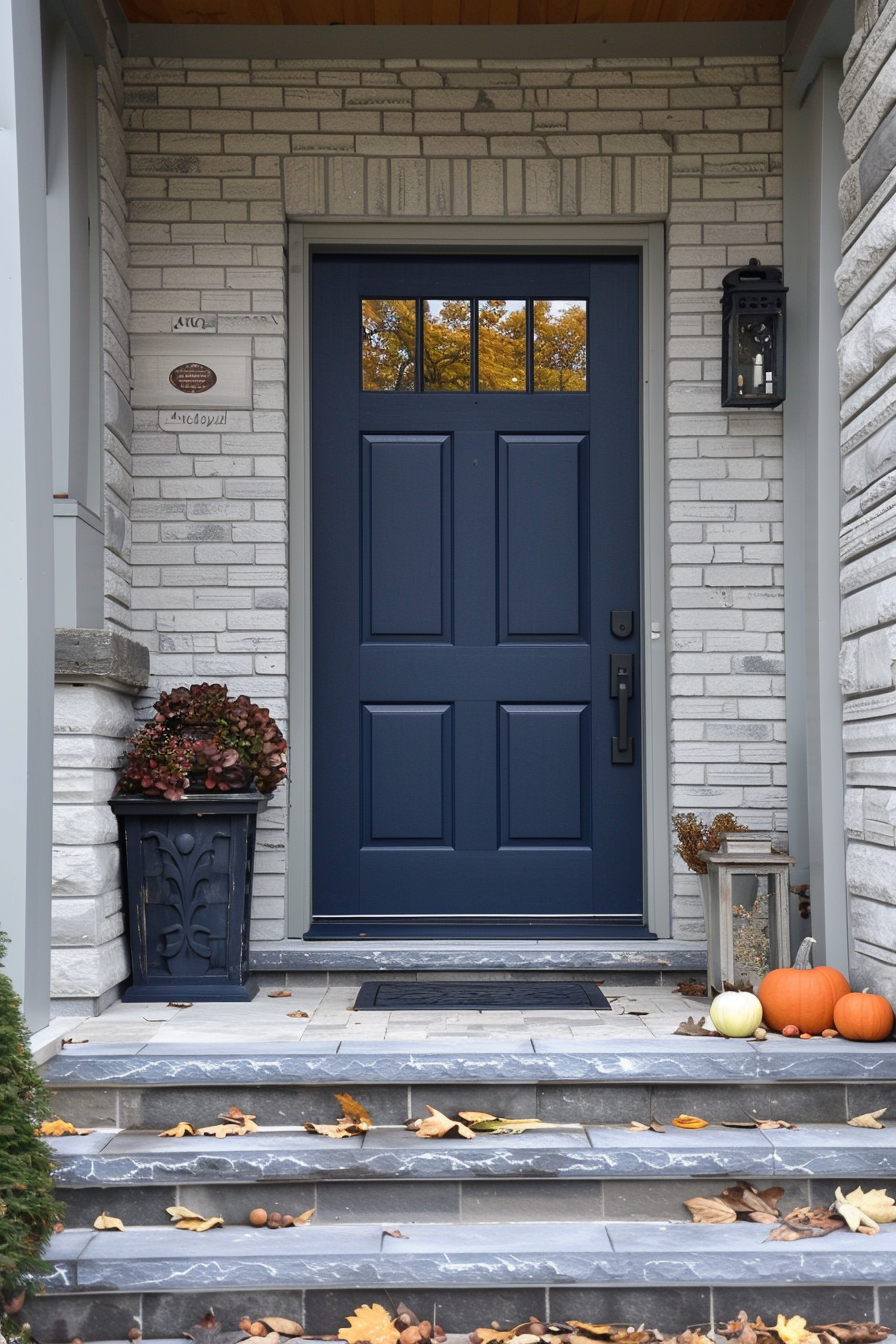 A navy blue front door on a house with white stone walls, flanked by fall decorations and scattered autumn leaves on steps.