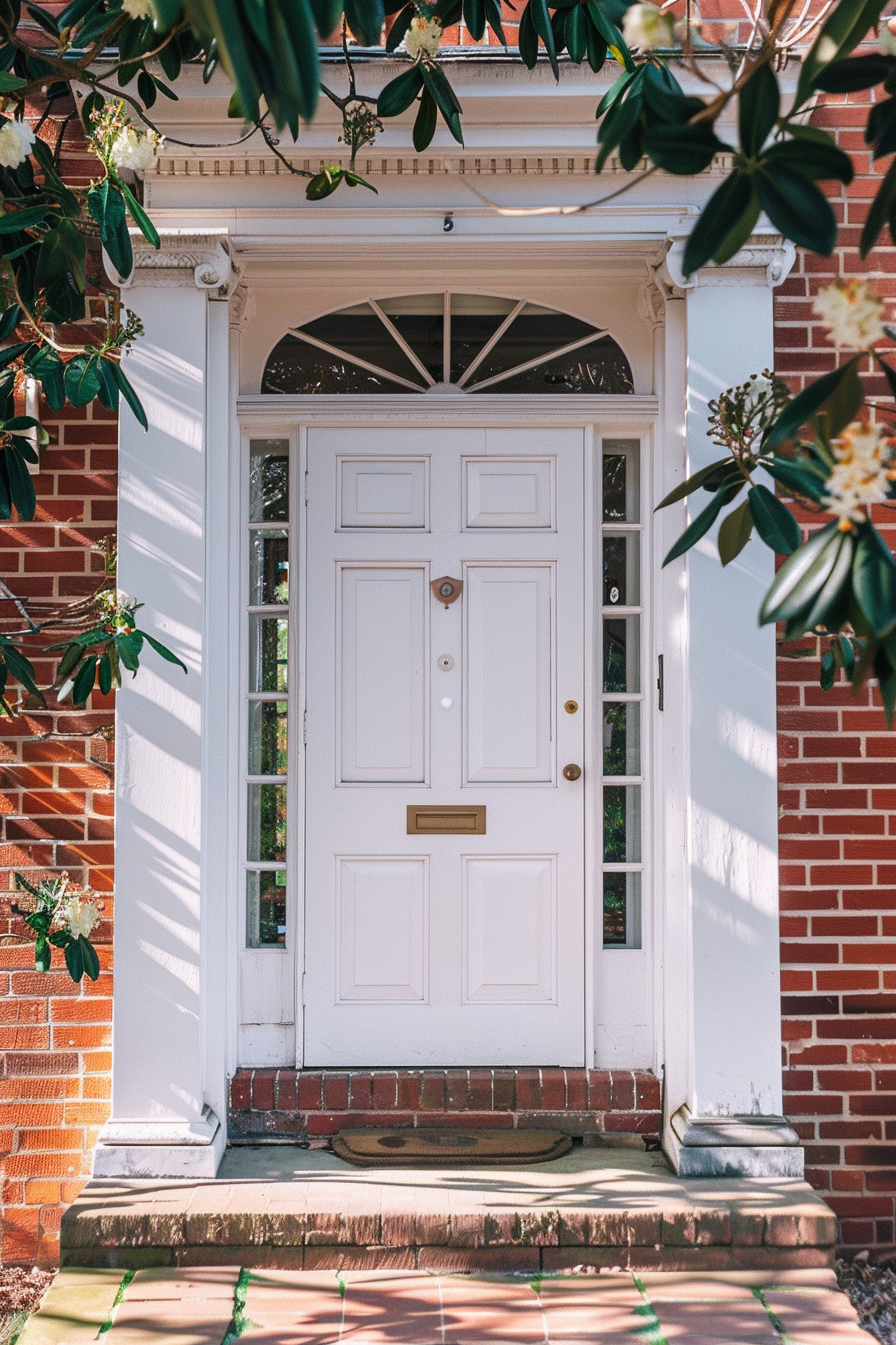 Elegant white front door of a brick house with a transom window, flanked by greenery and a welcome mat.
