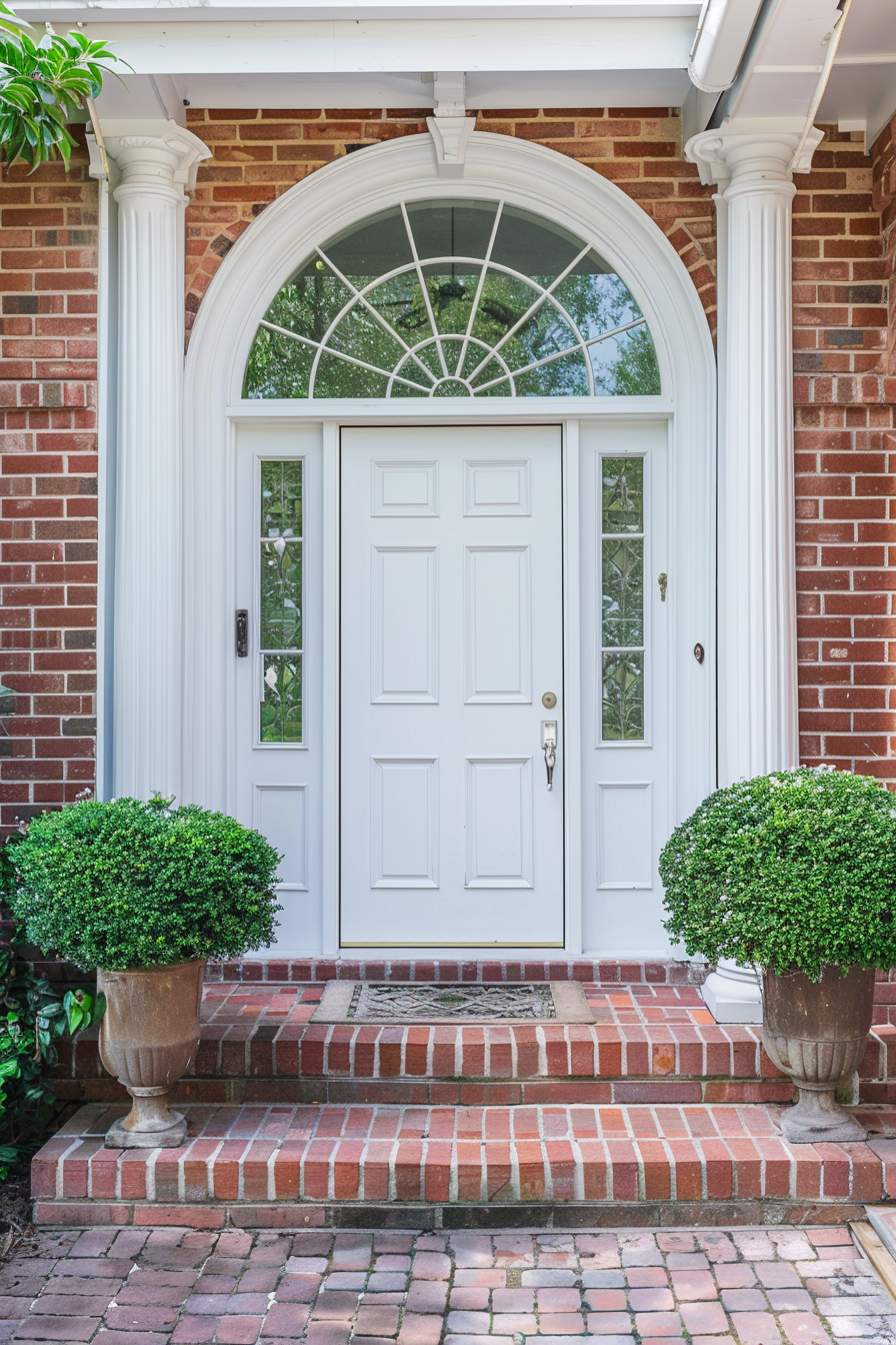 An elegant white front door with a semicircular transom window, flanked by columns and topiaries, set in a red brick façade.