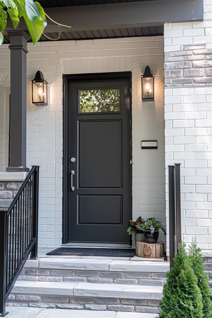 A modern black front door flanked by two wall lanterns, with a stone staircase, potted plant, and white brick exterior.