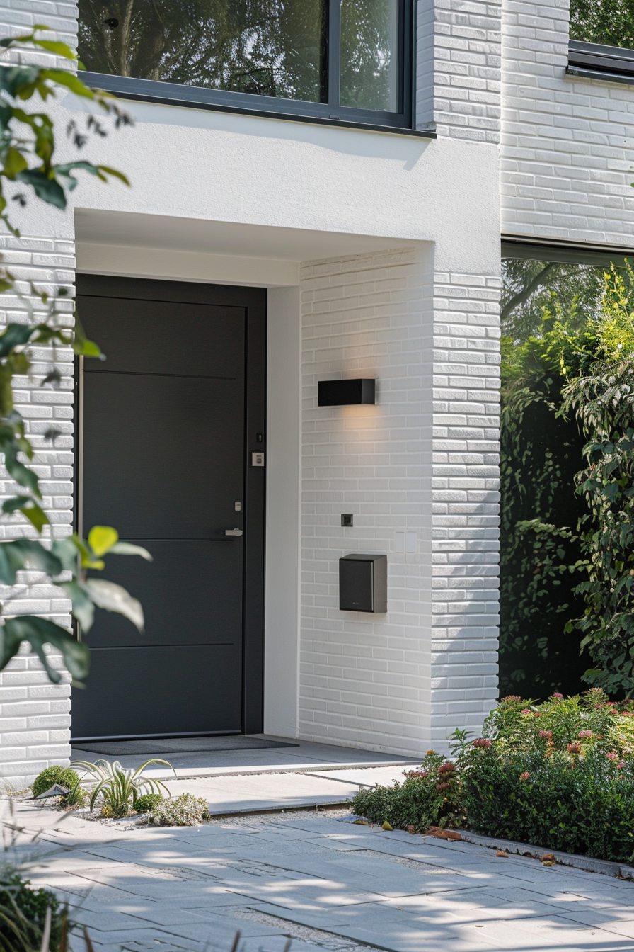 Modern house entrance with a dark door, white brick walls, outdoor light fixture, mailbox, and landscaped garden path.