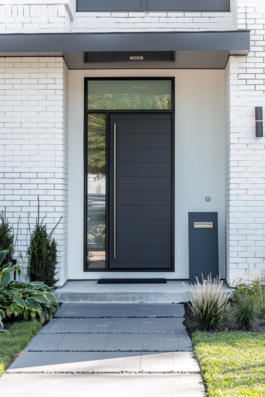 A modern black front door with long handle on a white brick house, flanked by greenery and a gray stone pathway.