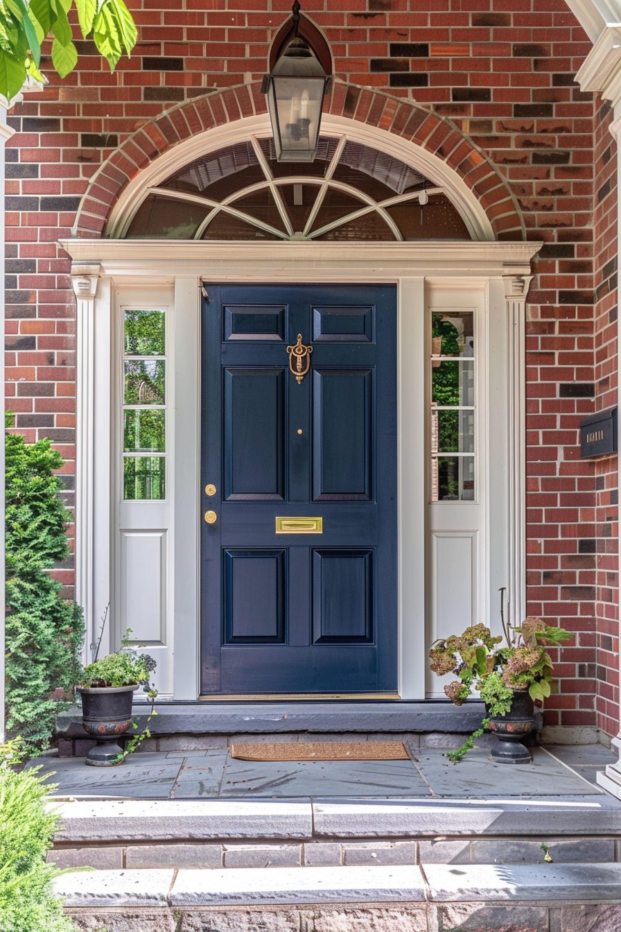 A welcoming home entrance featuring a navy blue front door with brass hardware, flanked by potted plants and a brick facade.