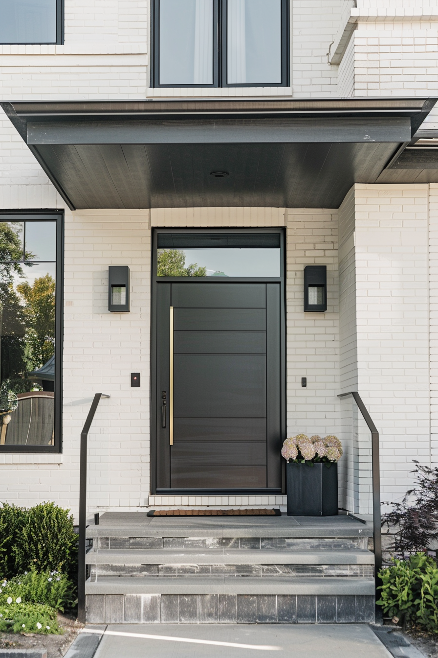 Modern house entrance with a black door, stone steps, and white brick exterior, adorned with a potted plant.