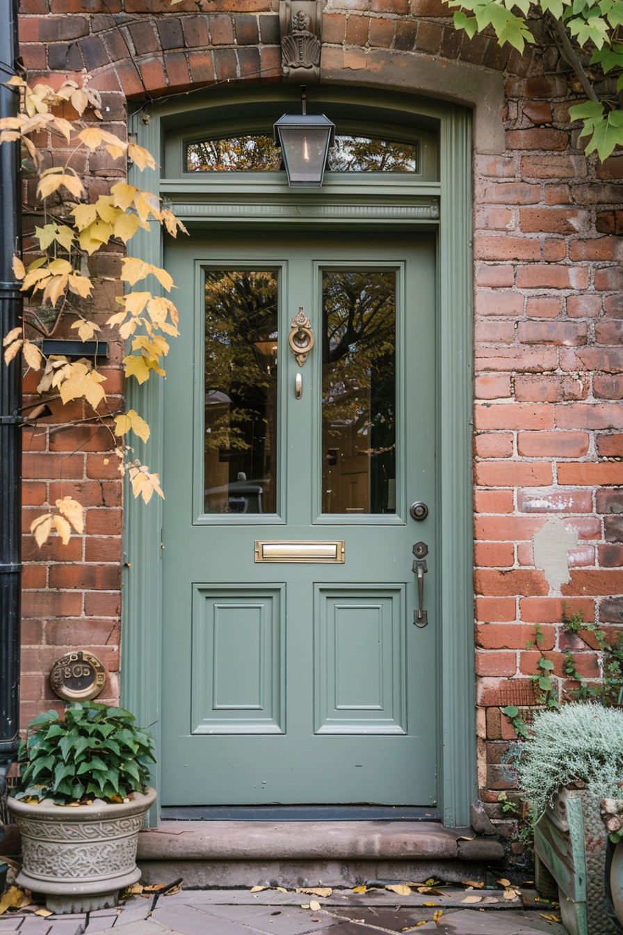 ALT: An elegant green door with glass panels and brass fixtures set in a red brick archway, flanked by autumn foliage and decorative plants.