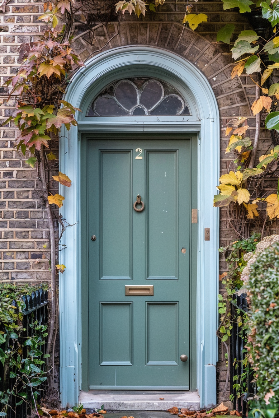 A picturesque sage green front door with a brass knocker and mail slot, framed by autumn leaves and a transom window, on a brick house.