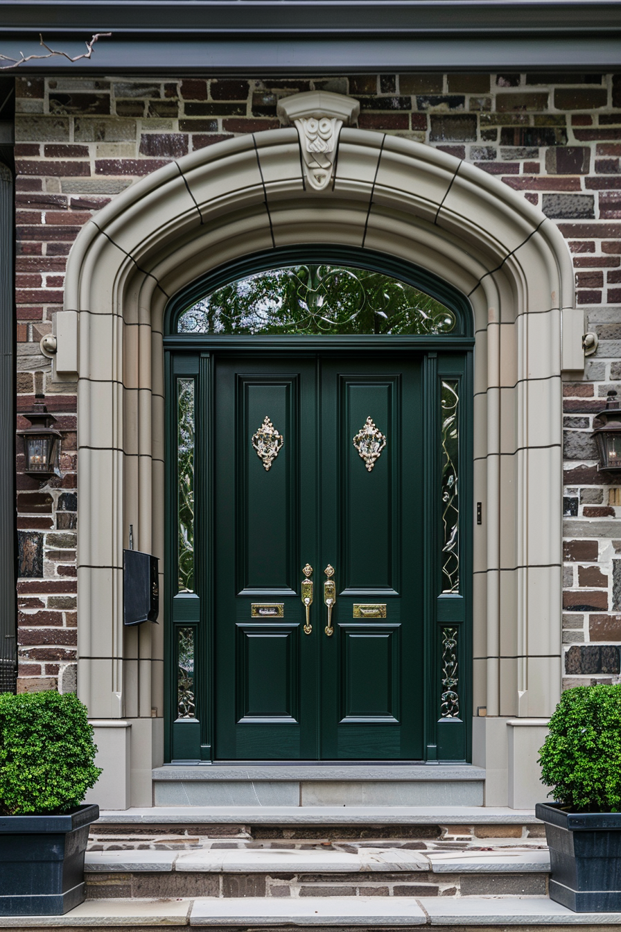 Elegant dark green double doors with gold fixtures and decorative glass transom, set in a stone-brick archway entrance.