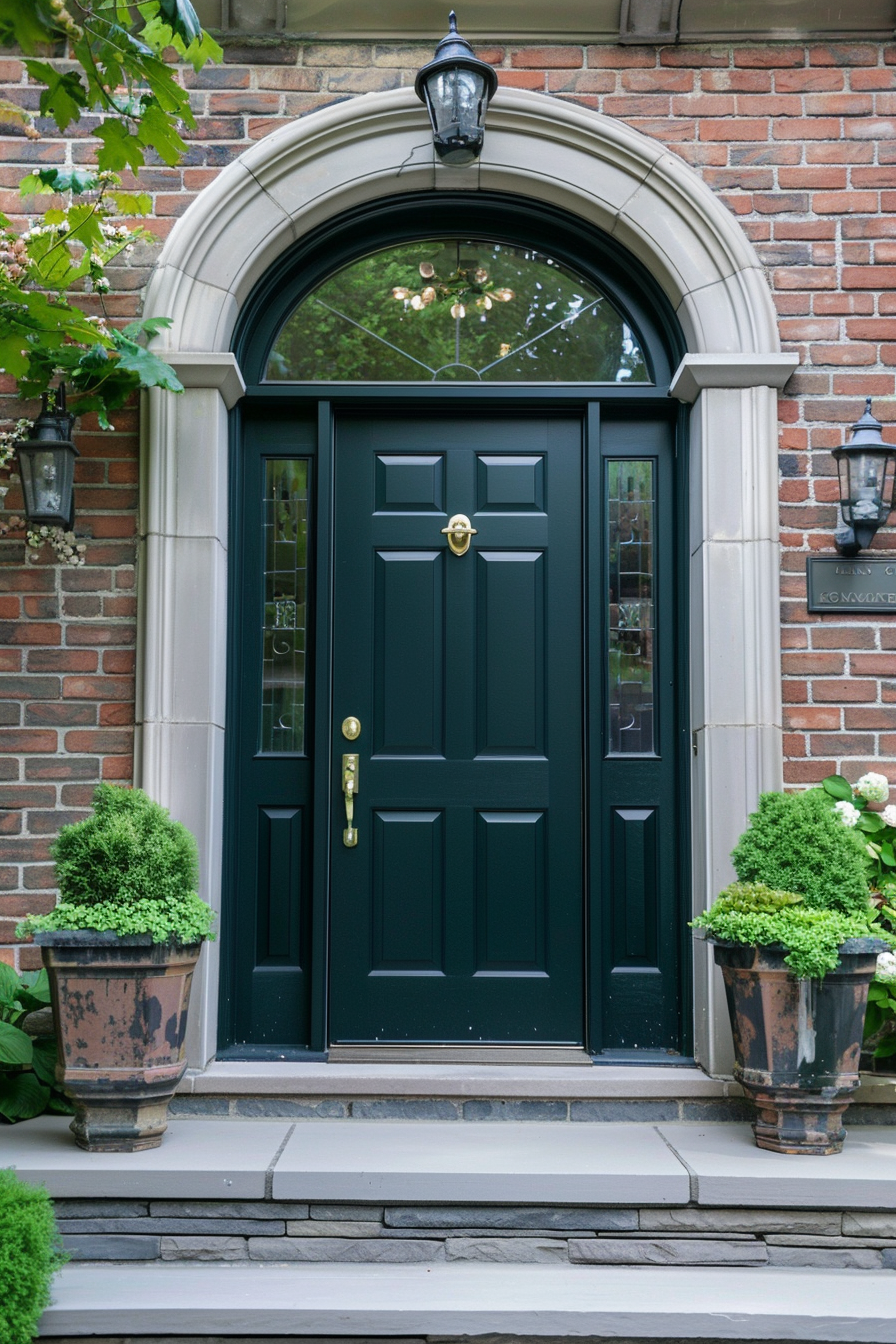 Elegant dark green front door with brass hardware, framed by a white stone arch and flanked by potted plants, on a brick house.