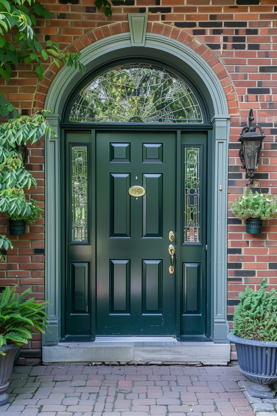 A classic green front door with a semicircular transom window, complemented by side panels and a brick facade.