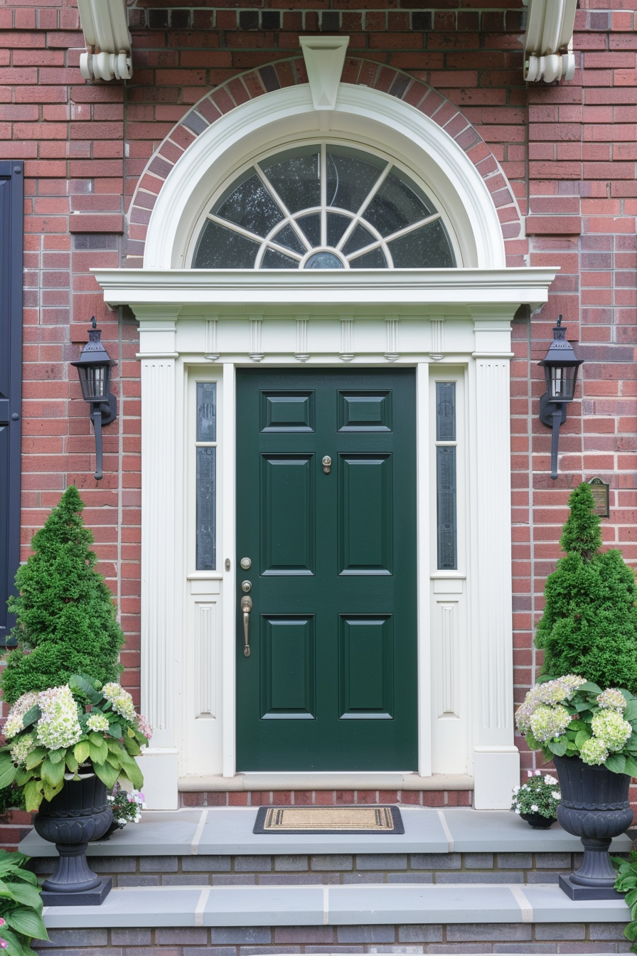 Elegant house entrance with a green door, white framing, brick wall, arched window above, and potted plants on steps.
