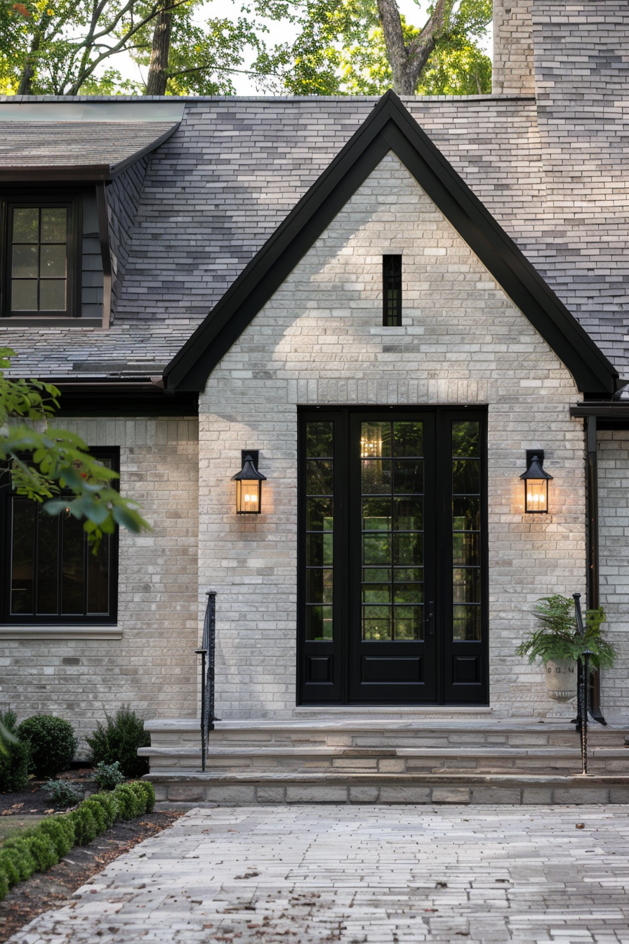 Elegant home entrance with black double doors, white stone facade, and two wall-mounted lanterns, accented by a cobblestone pathway.