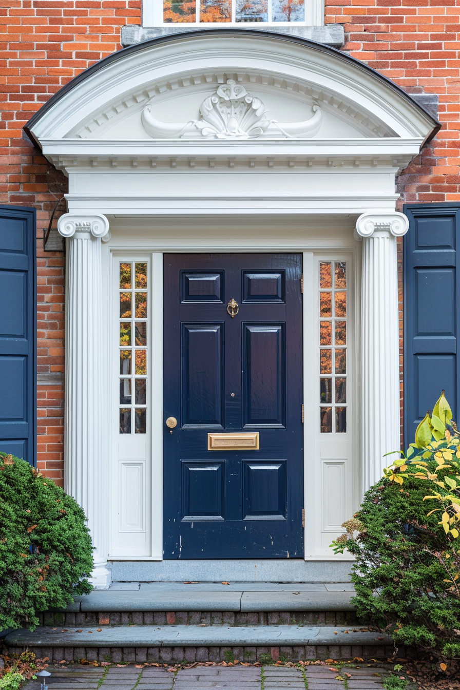 Elegant dark blue front door with white trim and classical pediment on a brick facade, flanked by shutters and foliage.