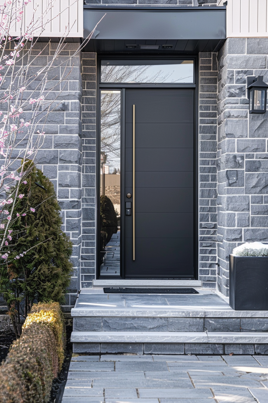 Modern home entrance featuring a tall, black door with a vertical handle, surrounded by gray stone walls and steps.