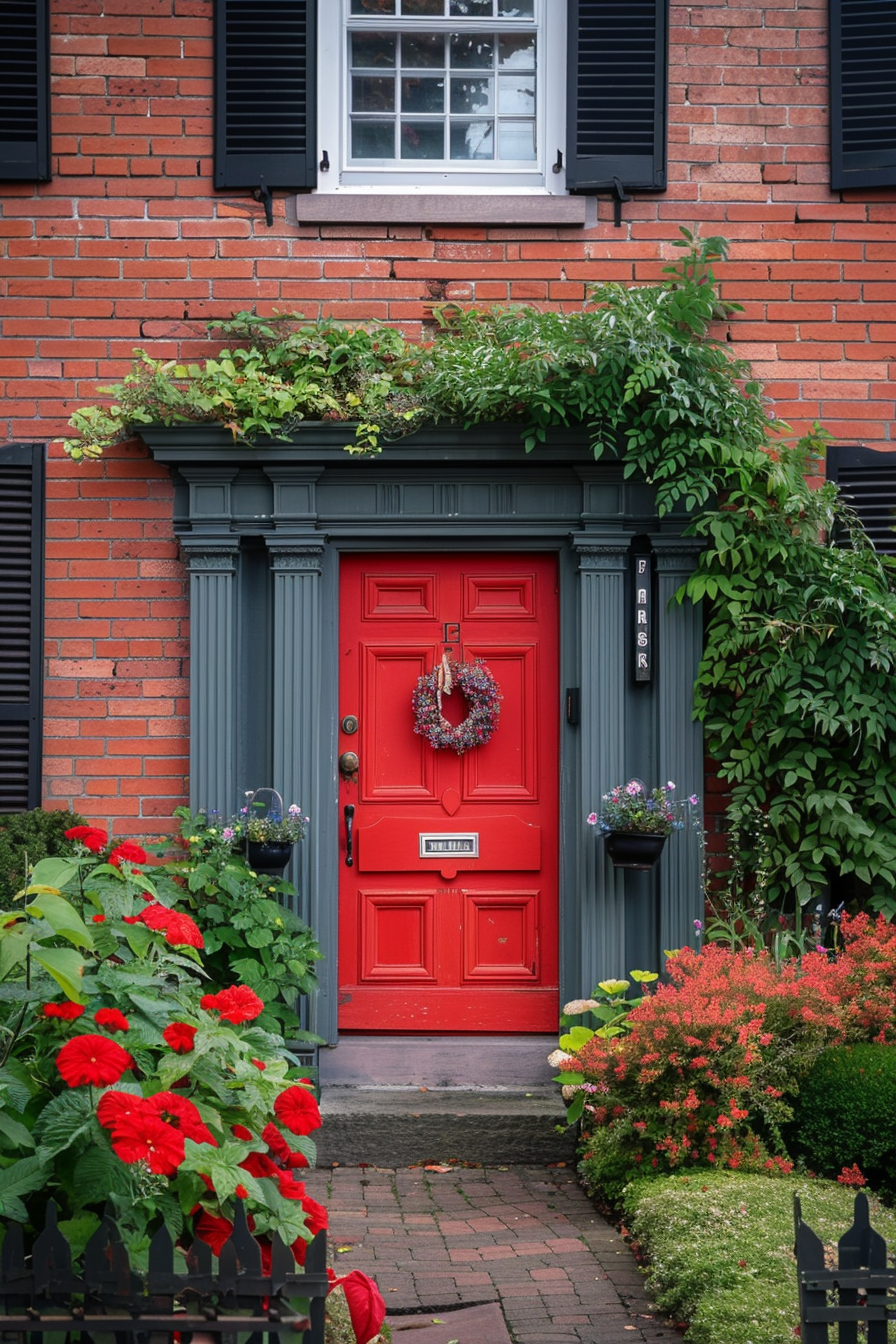A vibrant red door with a wreath on a brick house, surrounded by lush greenery and red flowers, complemented by dark shutters.