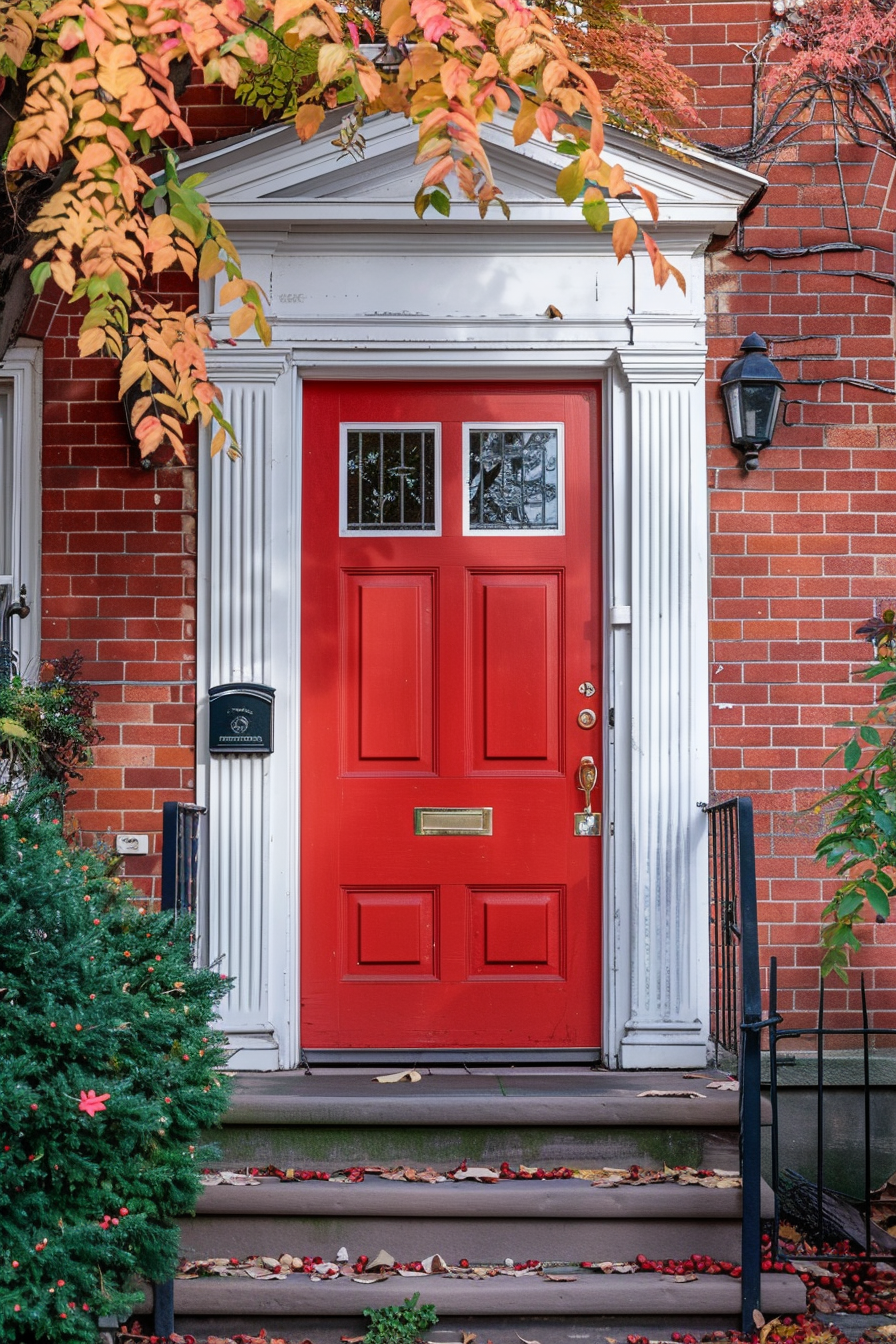A vibrant red door on a brick house, framed by white trim, with autumn leaves scattered on the steps and a small evergreen to the side.