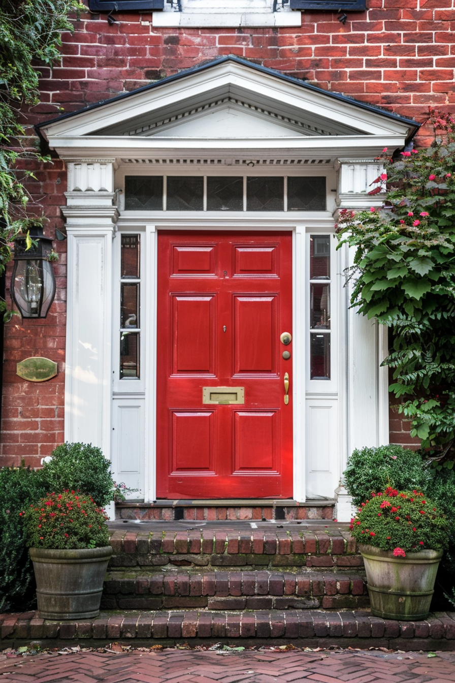 ALT: A vibrant red door set in a traditional brick house with white trim, flanked by potted plants and a lantern, leading up brick steps.