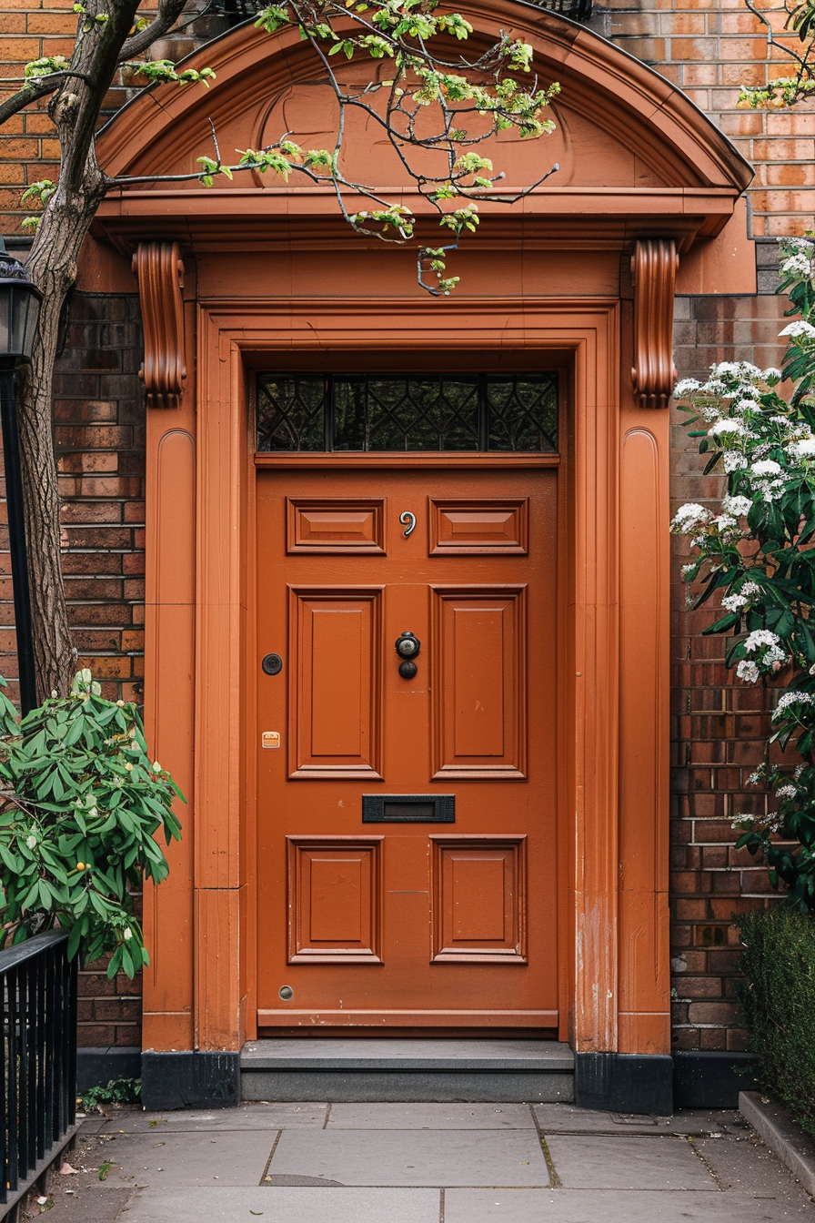 A traditional terracotta-colored front door with intricate paneling, framed by brick walls and flanked by green foliage.