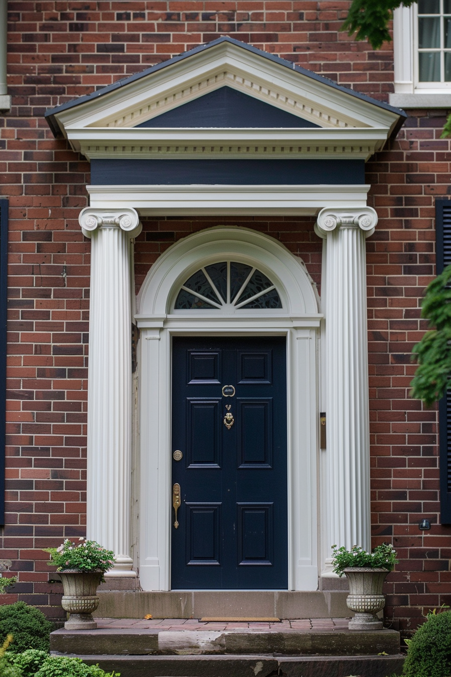 Elegant navy blue front door with white columns and an arched window, set in a brick facade with surrounding greenery.