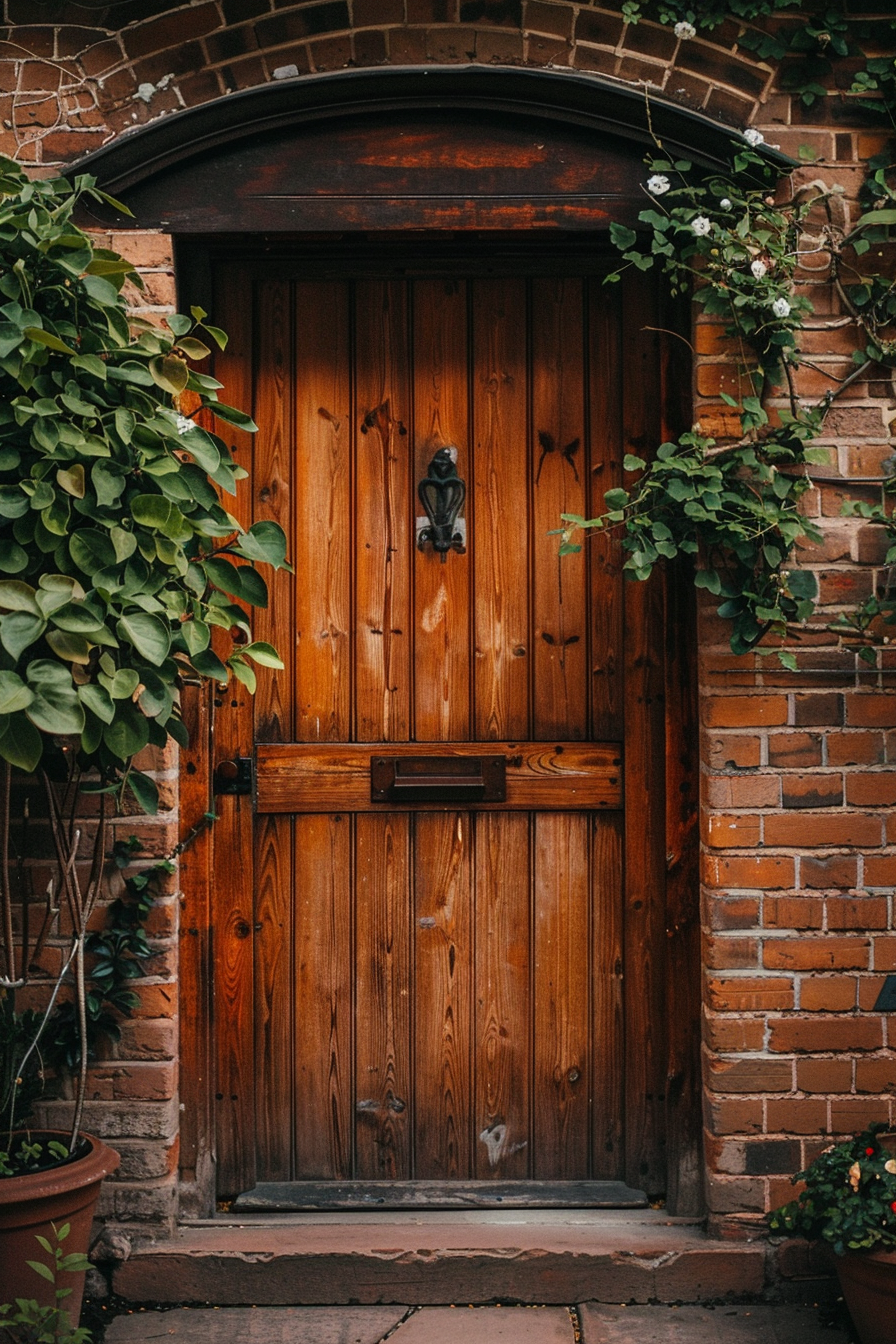 ALT Text: "A rustic wooden door with a black metal handle and a mail slot, framed by brick walls and green foliage."