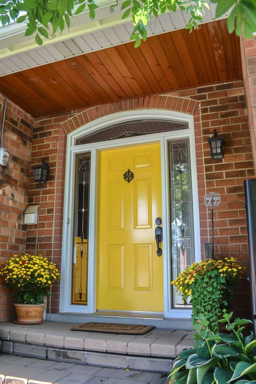 Bright yellow front door on a brick house with potted yellow flowers and a welcome mat.