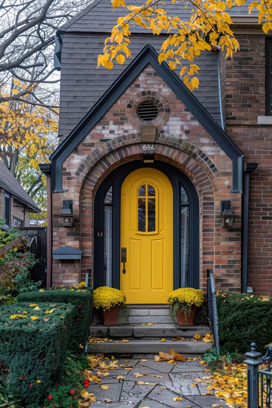 A charming entrance with a bright yellow door, arched brickwork, and autumn leaves on the ground, framed by yellowing foliage.