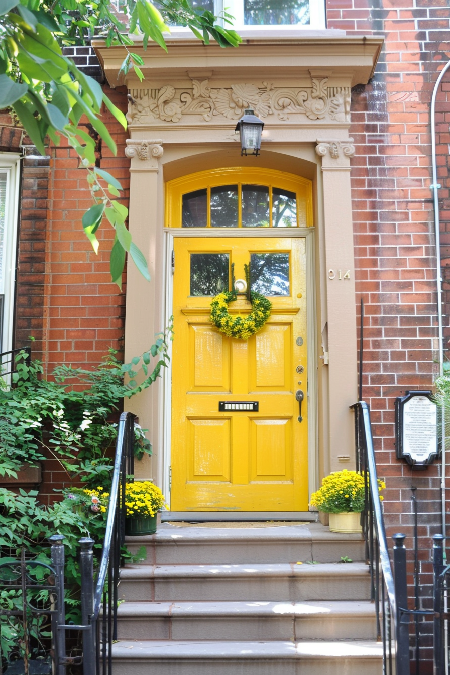 A bright yellow door with a wreath, flanked by potted yellow flowers, on a red brick building with ornate carvings and steps leading up.