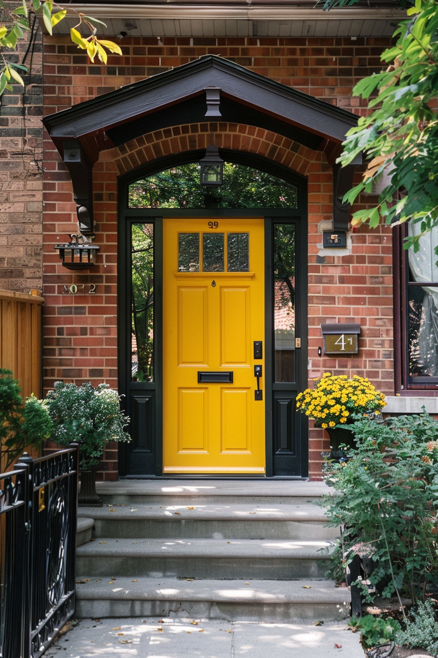 A vibrant yellow door on a brick house with steps leading up, framed by greenery and a lamp on a sunny day.