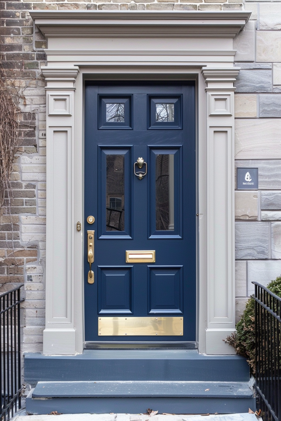 Elegant navy blue front door with golden knocker and mail slot, flanked by white trim on a brick building.