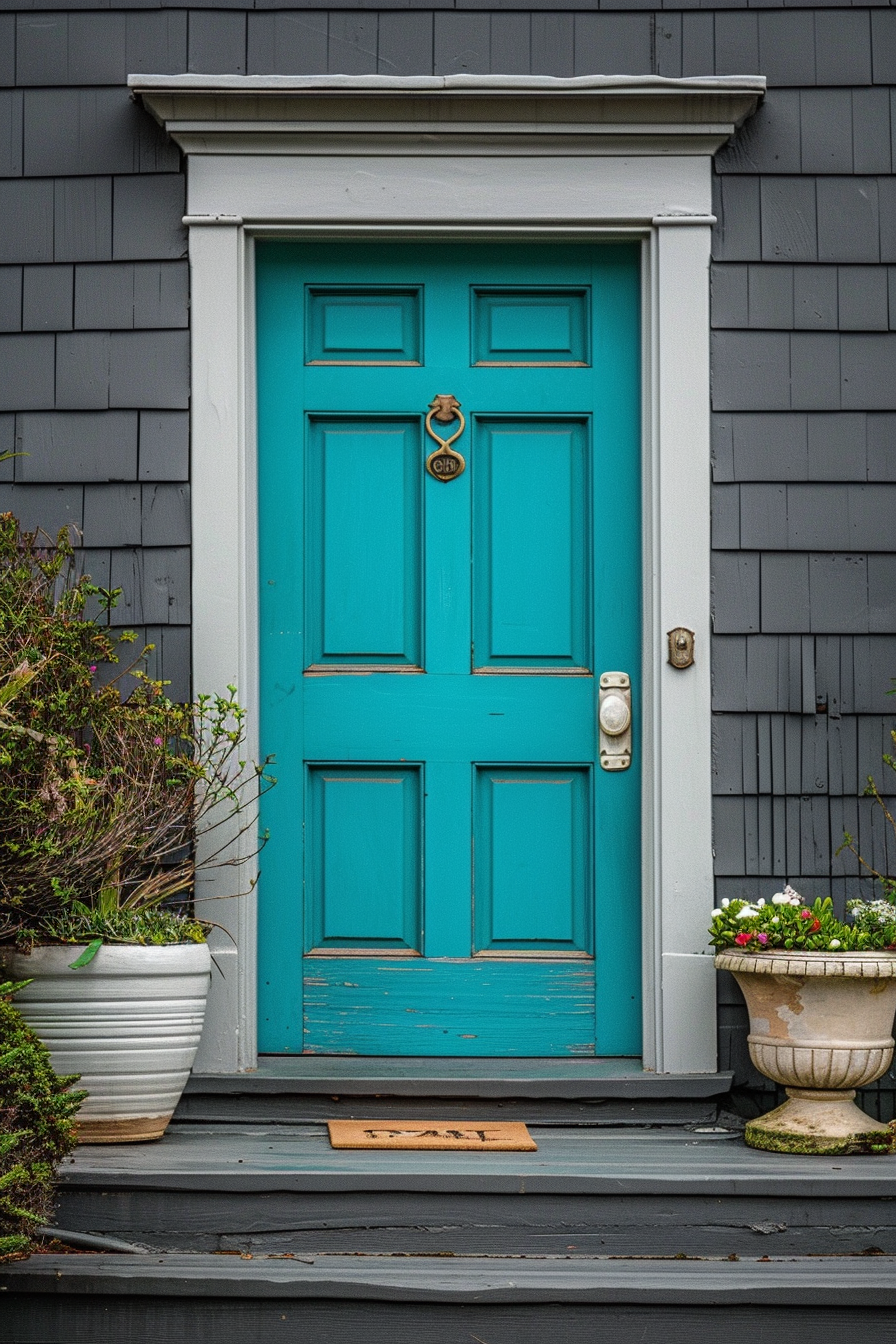 A bright turquoise door with a gold knocker on a dark gray house, flanked by planters with flowers, and a welcome mat on the steps.